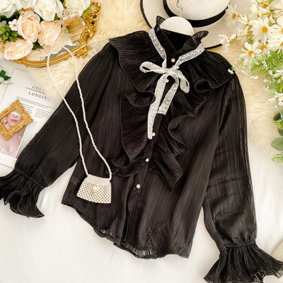 Cămașă elegantă de damă cu panglică în negru, bej și alb