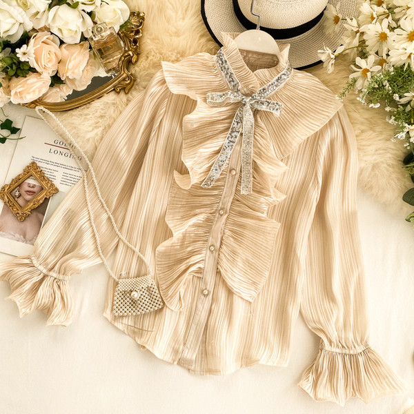 Stílusos női ing fekete, bézs és fehér szalaggal