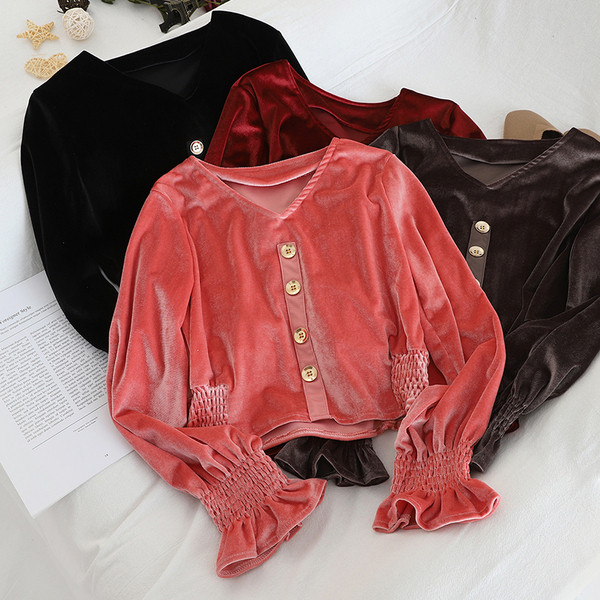 Modern női bársony blúz négy színben, gombokkal