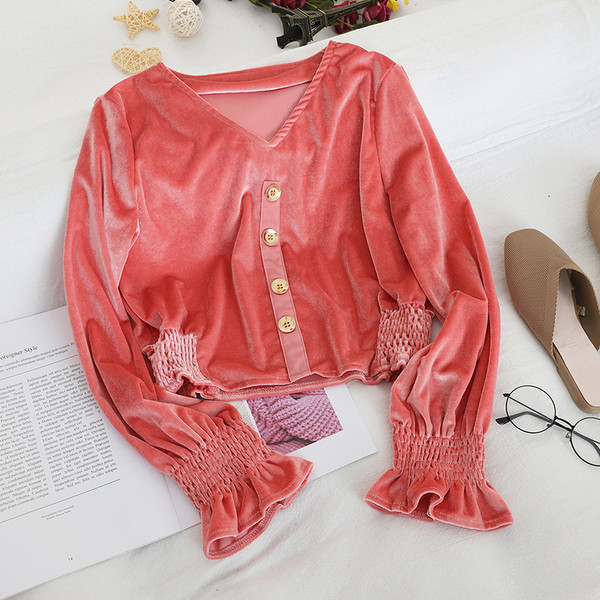 Modern női bársony blúz négy színben, gombokkal