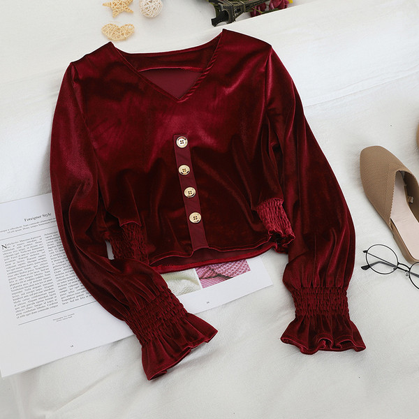 Modern női bársony blúz négy színben, gombokkal