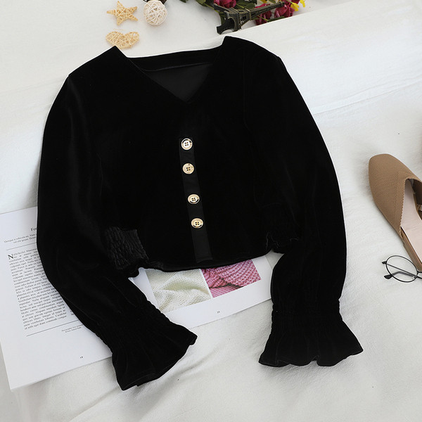 Modern női bársony blúz négy színben, gombokkal