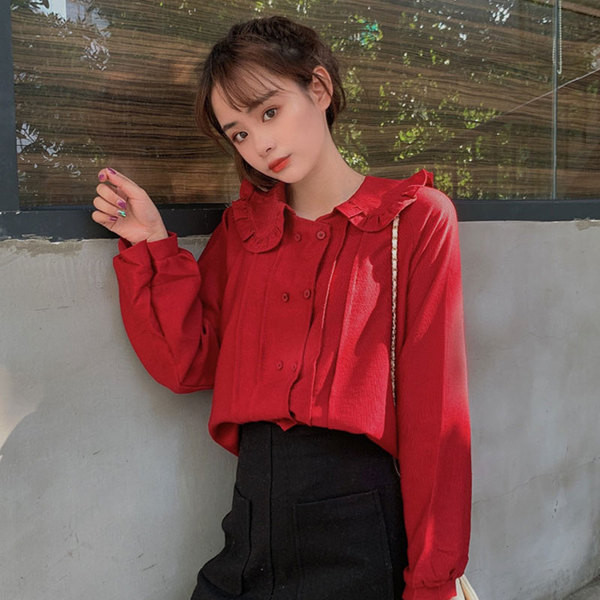 Női alkalmi ing fehér és piros színben, ovális nyakkivágással