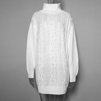 Rochie de iarna de dama cu guler inalt in alb si maro