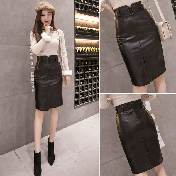 Női bőrszoknya magas derékkal, fekete slicceléssel