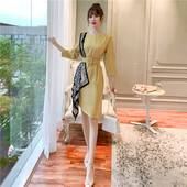 Rochie moderna de dama cu maneci 3/4 si curea de culoare galbena