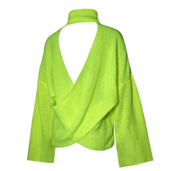 Modern női pulóver magas gallérral, csupasz háttal szürke és sárga színben