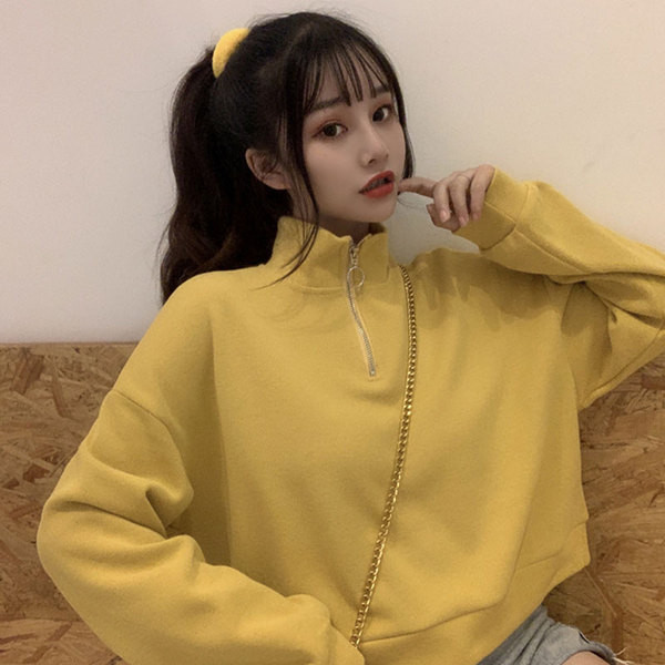 Női hétköznapi rövid blúz magas gallérral és cipzárral, három színben