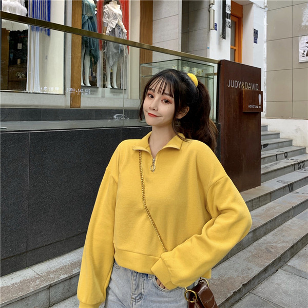 Női hétköznapi rövid blúz magas gallérral és cipzárral, három színben