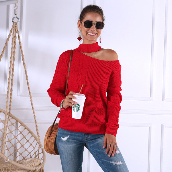 Női pulóver új modellje kivágott részekkel, piros és fehér színben