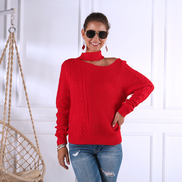 Női pulóver új modellje kivágott részekkel, piros és fehér színben