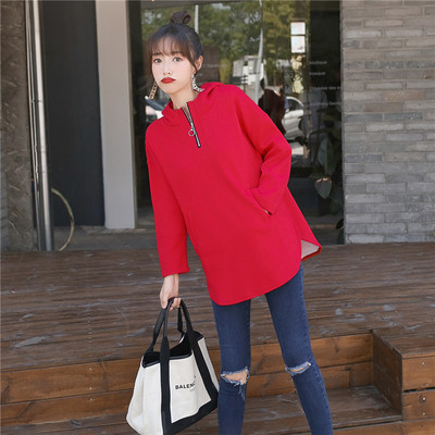 Ежедневна дамска блуза с цип и джоб в червен и син цвят