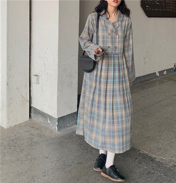 Rochie de damă, lejeră, lungă în carouri, cu mâneci lungi