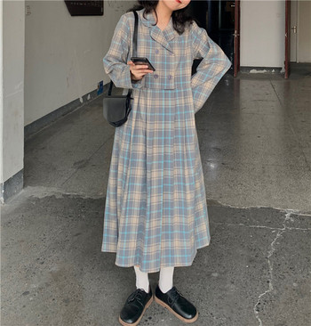 Rochie de damă, lejeră, lungă în carouri, cu mâneci lungi