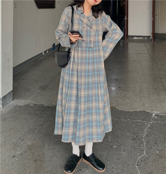 Női lezser hosszú kockás ruha hosszú ujjal