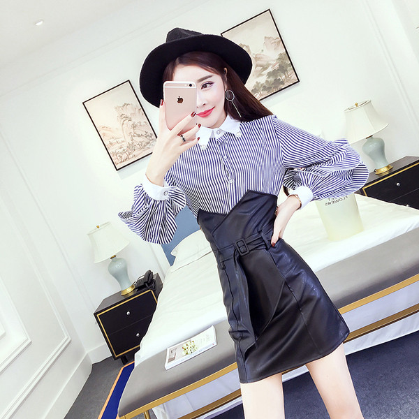 Stílusos női szoknya magas derékkal, fekete és barna övvel