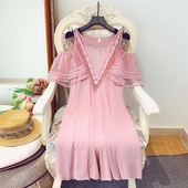 Rochie moderna de dama cu dantela si broderie in roz si alb