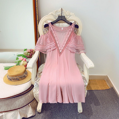 Rochie moderna de dama cu dantela si broderie in roz si alb