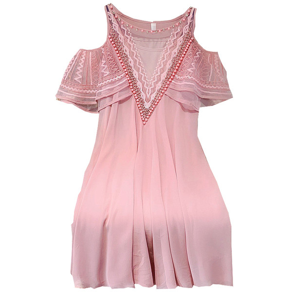 Modern női ruha csipkével és rózsaszín és fehér hímzéssel