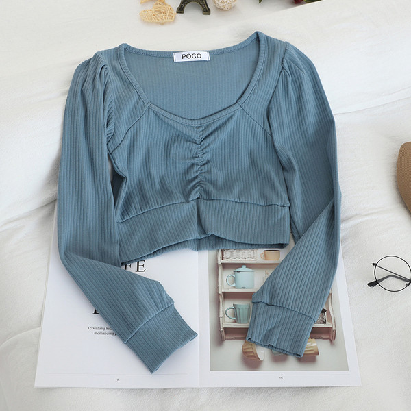 Női rövid blúz V-nyakú és hosszú ujjú több színben