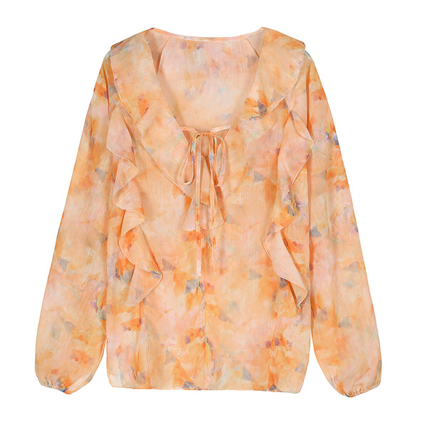 Stílusos női ing virágmintával és spitz nyakkivágással