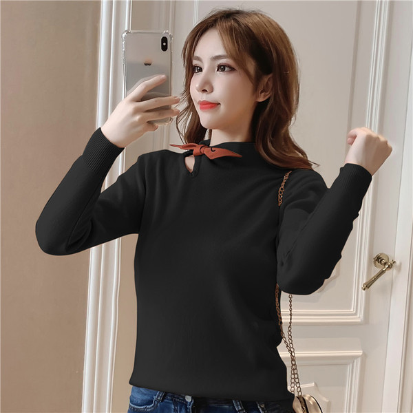 Aktuális női pulóver pólógallérral, narancssárga, zöld és fekete színben