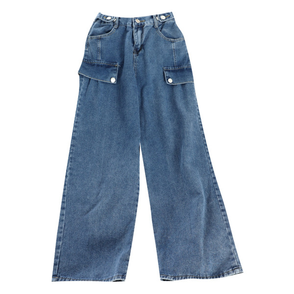 Modern női széles farmer, kék színű zsebbel és gombokkal