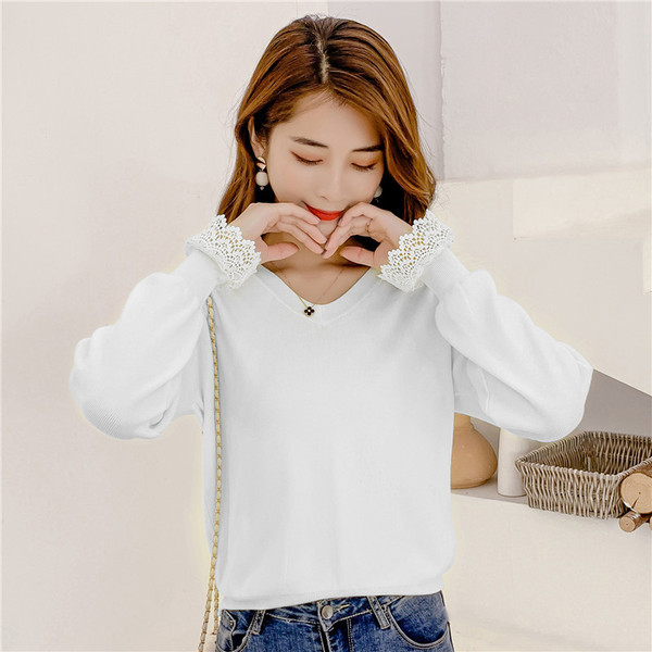 Új modell modern női pulóver spitz nyakkivágással és szalaggal a hátán