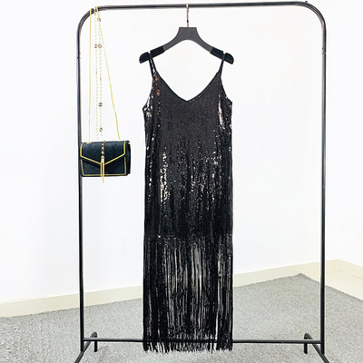 Rochie de dama eleganta cu bretele subtiri si paiete - model lung