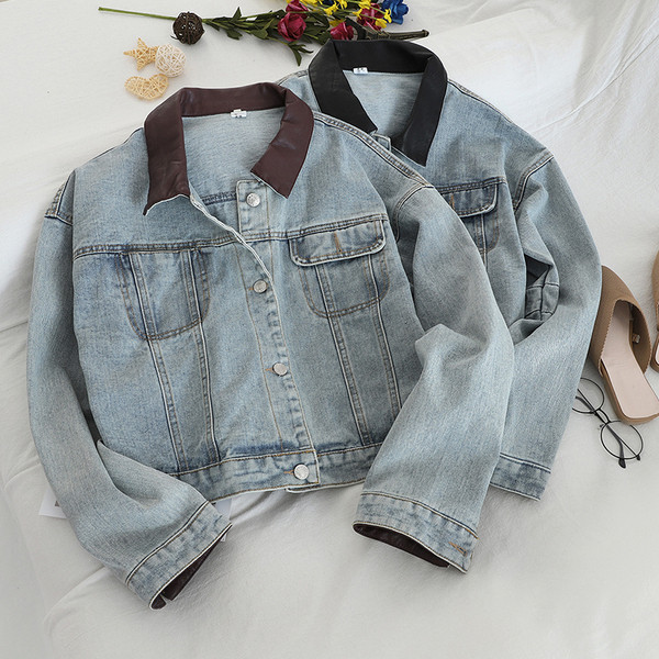 Női alkalmi farmer dzseki bőr gallérral, két színben