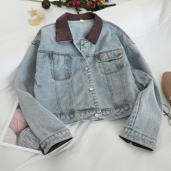 Női alkalmi farmer dzseki bőr gallérral, két színben