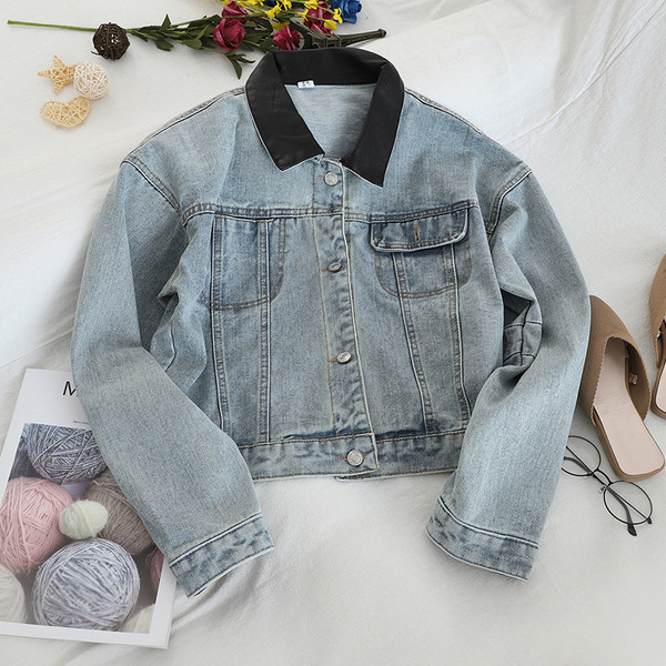 Női alkalmi farmer dzseki bőr gallérral, két színben