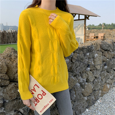 Divatos női pulóver O-nyakú és hosszú ujjú bézs és sárga színben