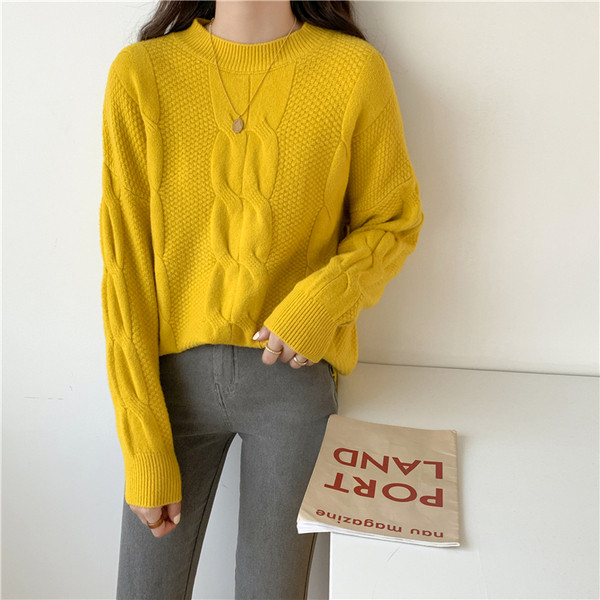 Divatos női pulóver O-nyakú és hosszú ujjú bézs és sárga színben