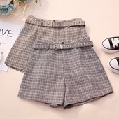 Kockás női nadrág két színben övvel, magas derékkal