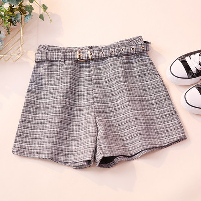 Kockás női nadrág két színben övvel, magas derékkal