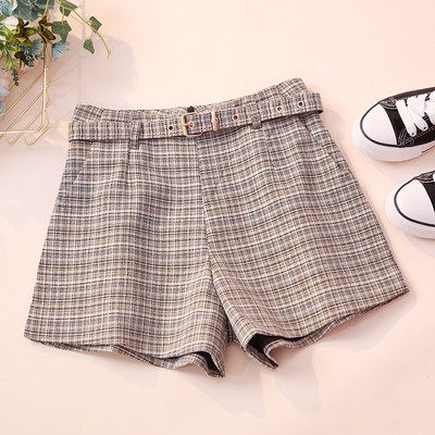 Kockás női nadrág két színben övvel, magas derékkal