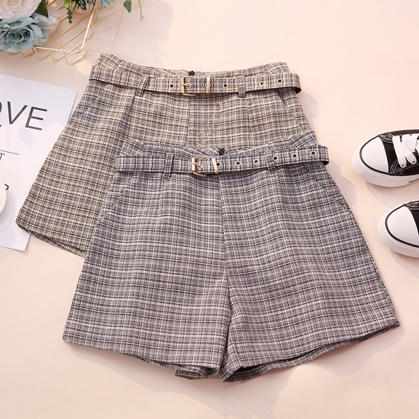 Kockás női nadrág két színben övvel, magas derékkal