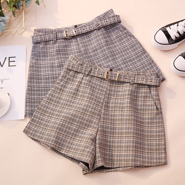 Kockás női nadrág két színben övvel, magas derékkal