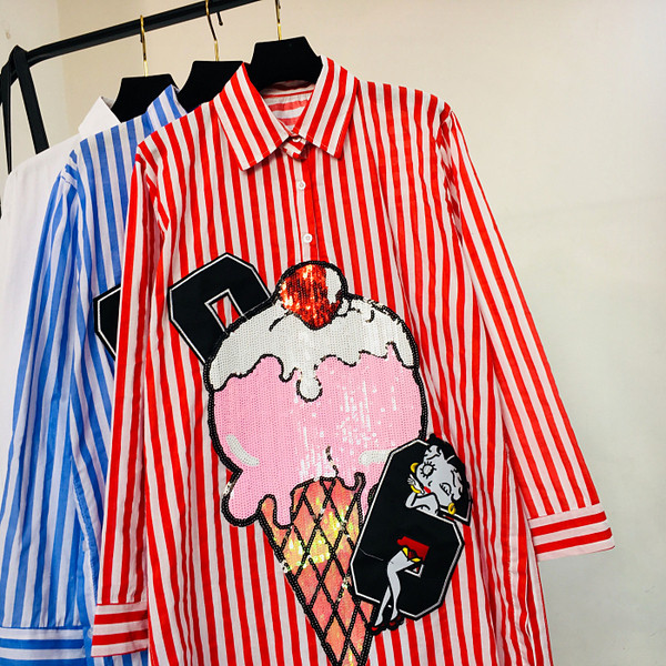 Aktuális női csíkos ing flitterekkel - hosszú modell