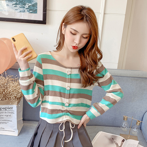 Csíkos női blúz O nyakkivágással, gombokkal és megkötővel, két színben