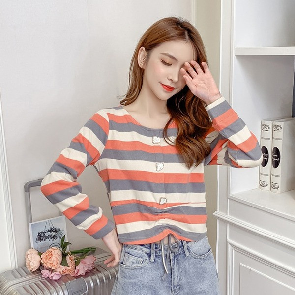 Csíkos női blúz O nyakkivágással, gombokkal és megkötővel, két színben