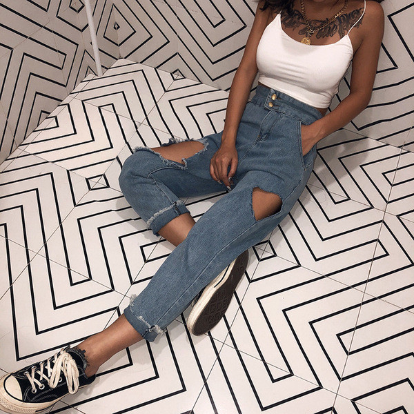 Női farmer magas derékkal, jobbra szakadt kék színben