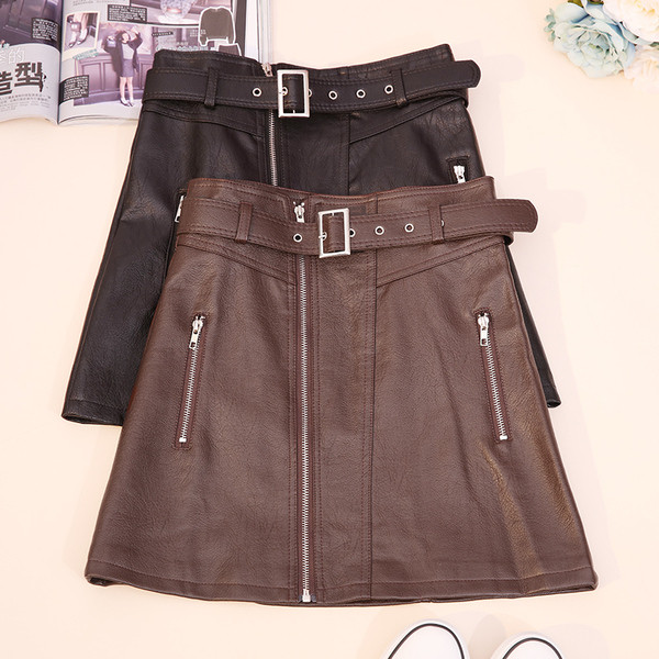 Fusta de dama model nou in negru si maro cu fermoar si curea