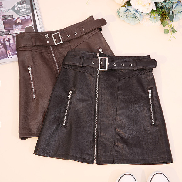 Fusta de dama model nou in negru si maro cu fermoar si curea
