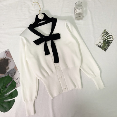 Vesta eleganta de dama cu panglica si nasturi in negru, alb si maro