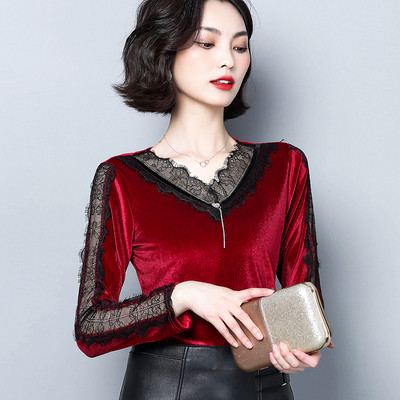 Bluză de damă actuală în albastru și roșu cu decolteu în V și dantelă