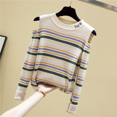 Csíkos női blúz csupasz vállfelirattal