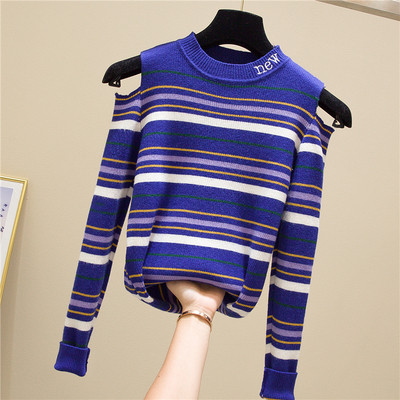 Csíkos női blúz csupasz vállfelirattal