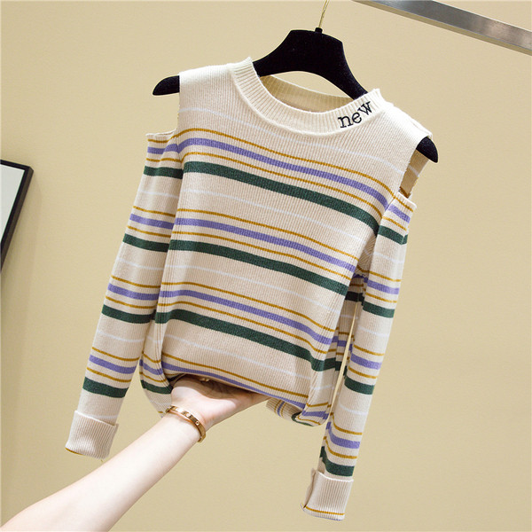 Csíkos női blúz csupasz vállfelirattal